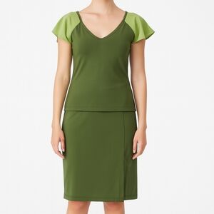 Anni Kuan Small V-Neck Green‎ Color Block Blouse Split Sleeve Pencil Skirt Set